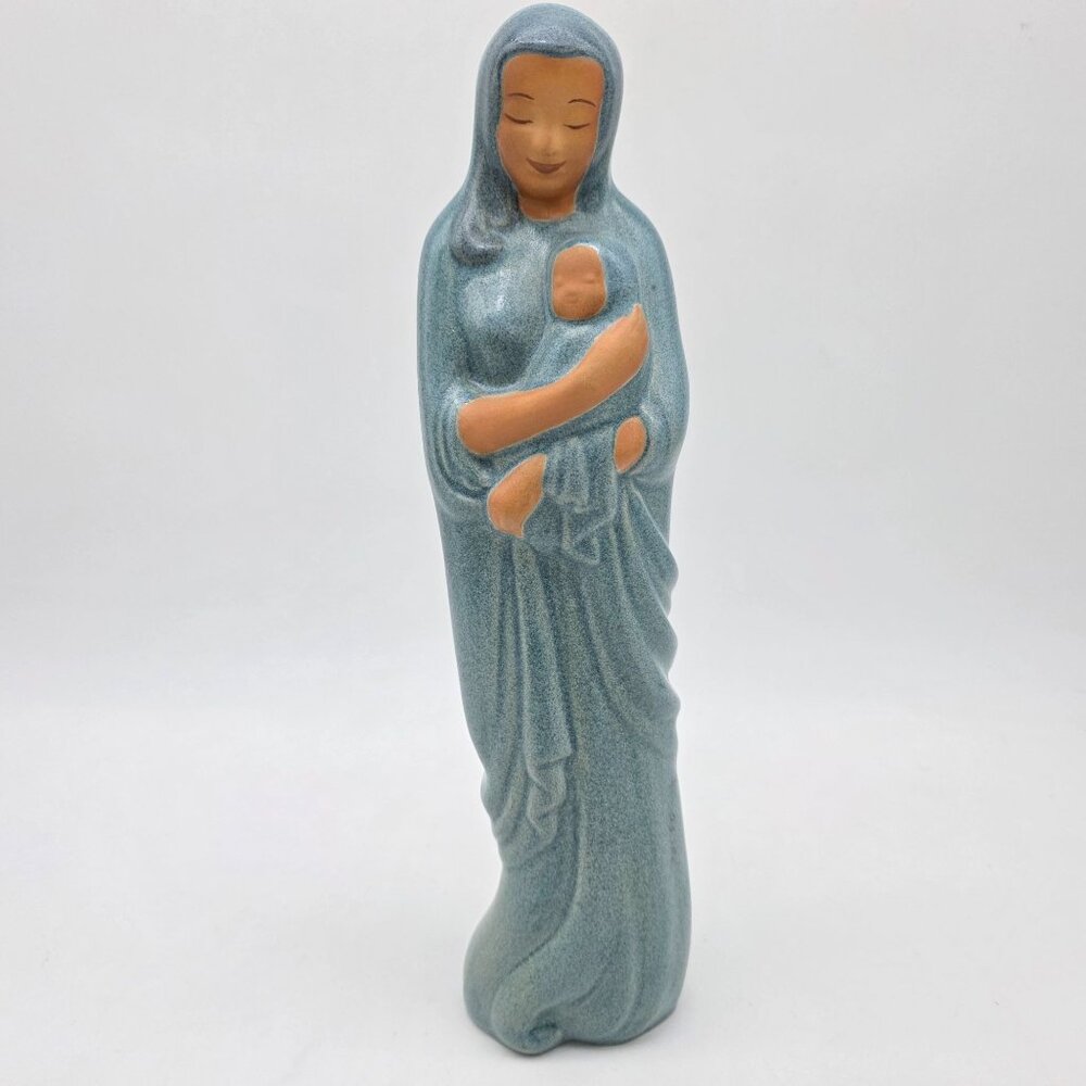 Celestial Earth Ceramic Mother & Child Figurine Blue & Terracotta 13" Tall